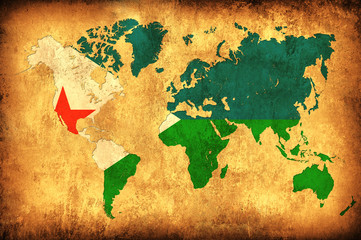 The flag of Djibouti in the outline of the world map