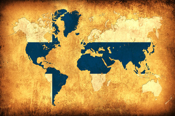 The flag of Finland in the outline of the world map