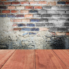 old wooden floor  on brick wall  ,grung background