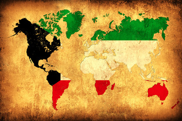 The flag of Kuwait in the outline of the world map