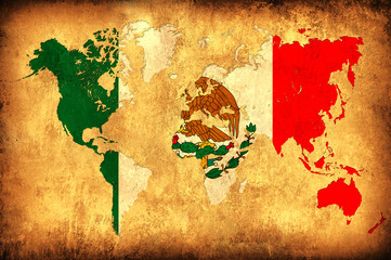 The flag of Mexico in the outline of the world map