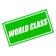 World class white stamp text on green background
