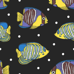 Naklejka premium colorful hand drawn tropical fish seamless background