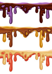 Isolated seamless repeatable melted chocolate, caramel and jam flow down