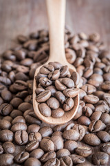 Coffee beans in an old wooden scoop