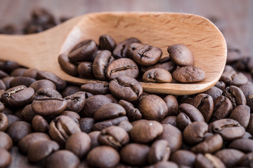 Coffee beans in an old wooden scoop