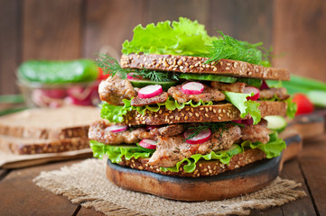 Sandwich with meat, vegetables and slices of rye bread