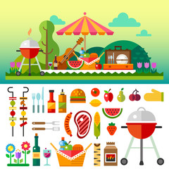 Summer picnic in meadow with flowers: umbrella, guitar, basket with food, fruits, barbecue.
Vector flat  illustrations and set of element
