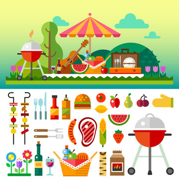 Summer picnic in meadow with flowers: umbrella, guitar, basket with food, fruits, barbecue.
Vector flat  illustrations and set of element