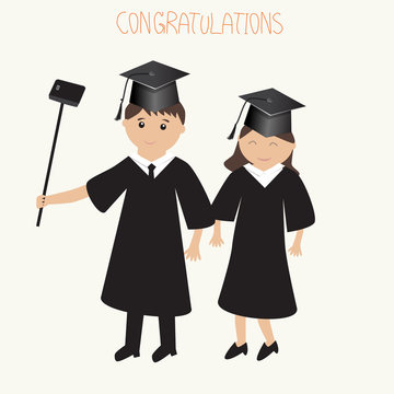 Graduated man and woman selfie with mobile phone