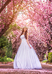 Obraz na płótnie Canvas Beautiful bride in a white dress under the sakura tree and flower petals