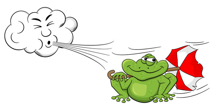 Cartoon Wolke bläst Wind auf einen Frosch mit Schirm 