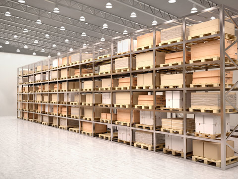 3d illustration of rows of shelves with boxes in modern warehous