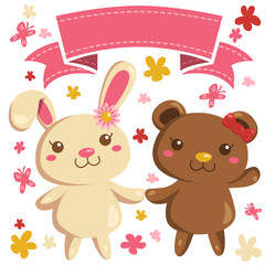 Cute White Bunny and Brown Bear Holding hands vector