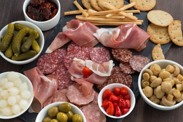 deli meat snacks, sausages and pickles on a blackboard, close-up