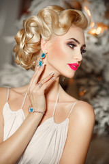 Fashion woman jewelry model retro makeup hairstyle