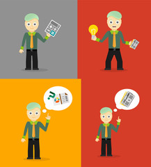 Set of cute cartoon young businessmen. Idea concept and finance