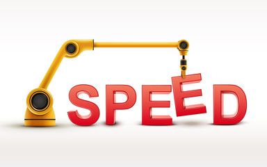 industrial robotic arm building SPEED word