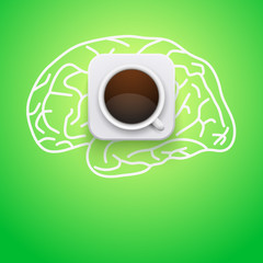 Background of cup coffee and brain. Vector Illustration.