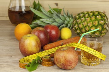 diet food, apple juice, vegetables and fruits
