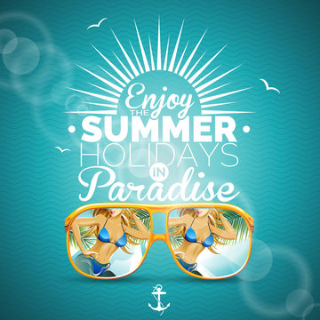 Vector Summer illustration with sexy girl and sunglasses on blue background.