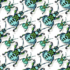 Hand drawn seamless pattern with creativity beetle, insects. Ethnic style tattoo vector background. Print, t-shirt or fabric design. Cute decoration.