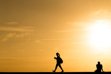 Silhouette people walking at sunset