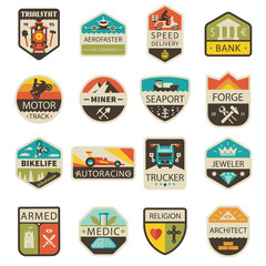 Vintage logos and badges. Professions and Transportation. Vector flat  logo set
