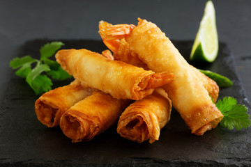 Spring rolls with shrimp with sweet chili sauce. Asian cuisine.