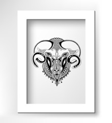 head goat decorative drawing in ethnic style