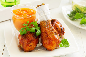Roasted chicken legs with barbecue sauce with mango chutney.