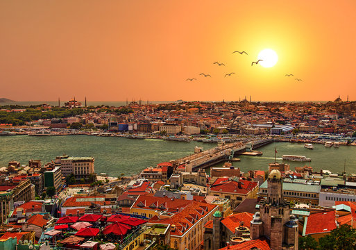 Golden Horn sunset view from Galata tower, Istanbul, Turkey