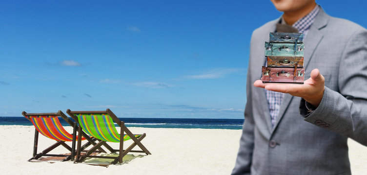 Summer travel package concept, Businessman offer travel package