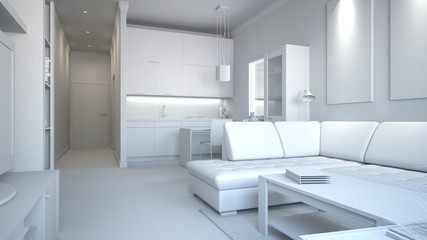 3D interior rendering of a small loft without textures