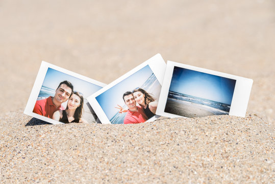 Instant Photo Of Young Happy Boyfriend And Girlfriend Happy On Beach