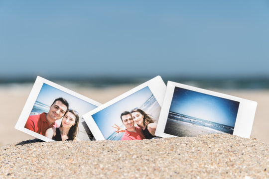 Instant Photo Of Young Happy Boyfriend And Girlfriend Happy On Beach