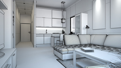3D interior rendering of a small loft without textures