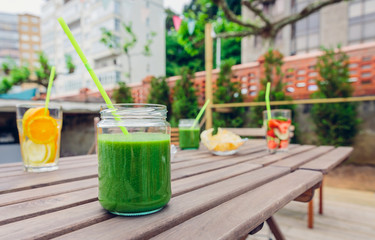 Green vegetable smoothies and infused fruit water cocktails