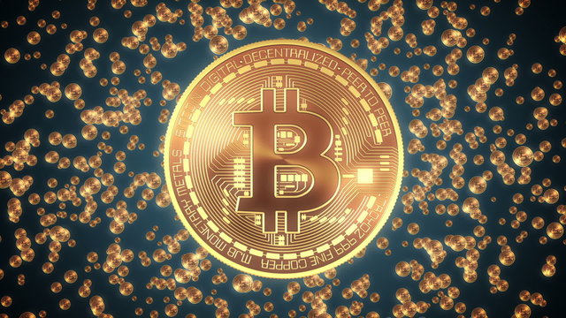 Bitcoin Appearance. Blue Background. 3D Animation. 