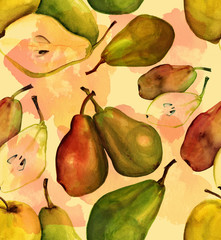 Watercolor pears and apples seamless background pattern, toned