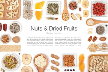nuts and dried fruits on white background