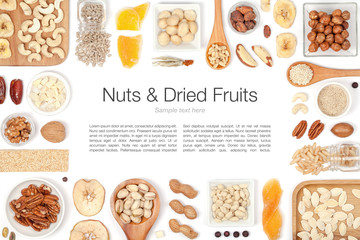 nuts and dried fruits on white background