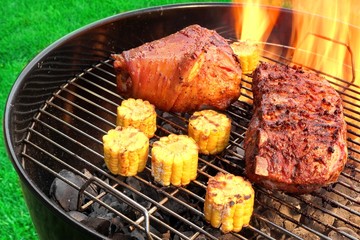 BBQ Grill With Pork Eisbein Brisket And Corn Rings