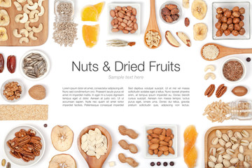 nuts and dried fruits on white background