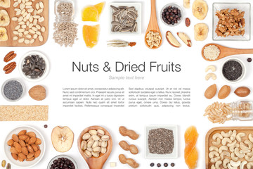 nuts and dried fruits on white background