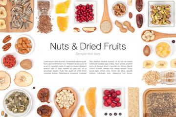 nuts and dried fruits on white background