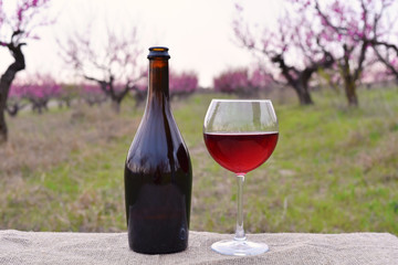 Bottle and glass of red wine in the peach garden on sunset