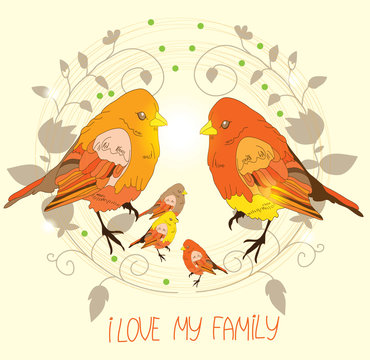 beautiful background with bird families and floral wreath