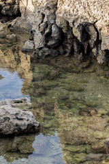 Shoreline view of the ocean water creating pools of water between tides.