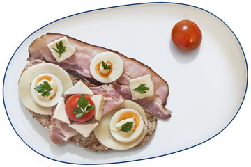 Belly Bacon Cheese Egg Ham And Cherry Tomato Sandwich Isolated.